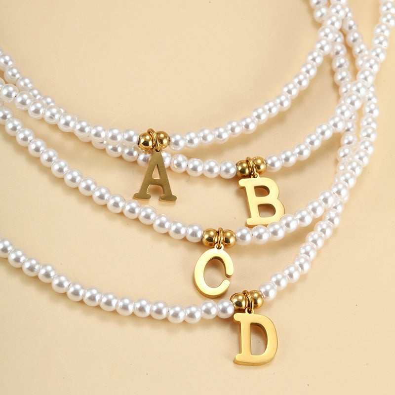 Elegant Alphabet Pearl Pendant Necklace - Alloy Copper Chain