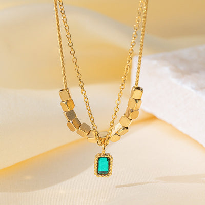 Elegant Geometric Square 18K Gold Plated Stainless Steel Necklace with Green Zirconia Pendant