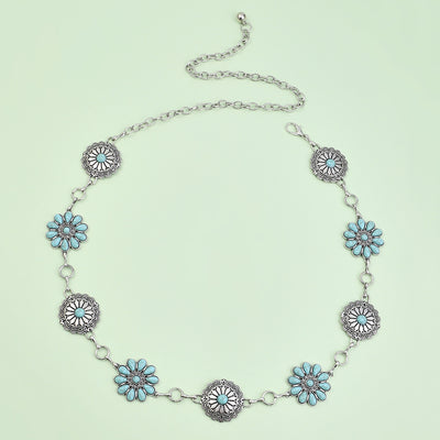 Bohemian Flower Zinc Alloy Turquoise Inlay Ethnic Waist Chain for Women