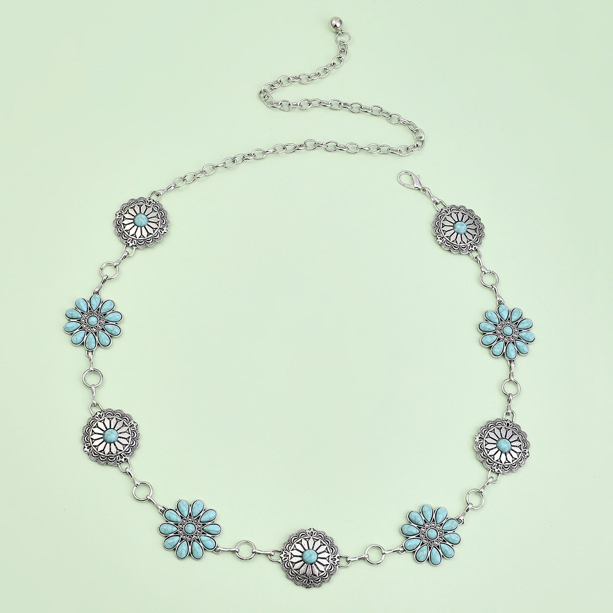 Bohemian Flower Zinc Alloy Turquoise Inlay Ethnic Waist Chain for Women