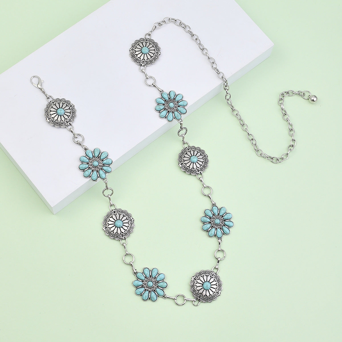 Bohemian Flower Zinc Alloy Turquoise Inlay Ethnic Waist Chain for Women