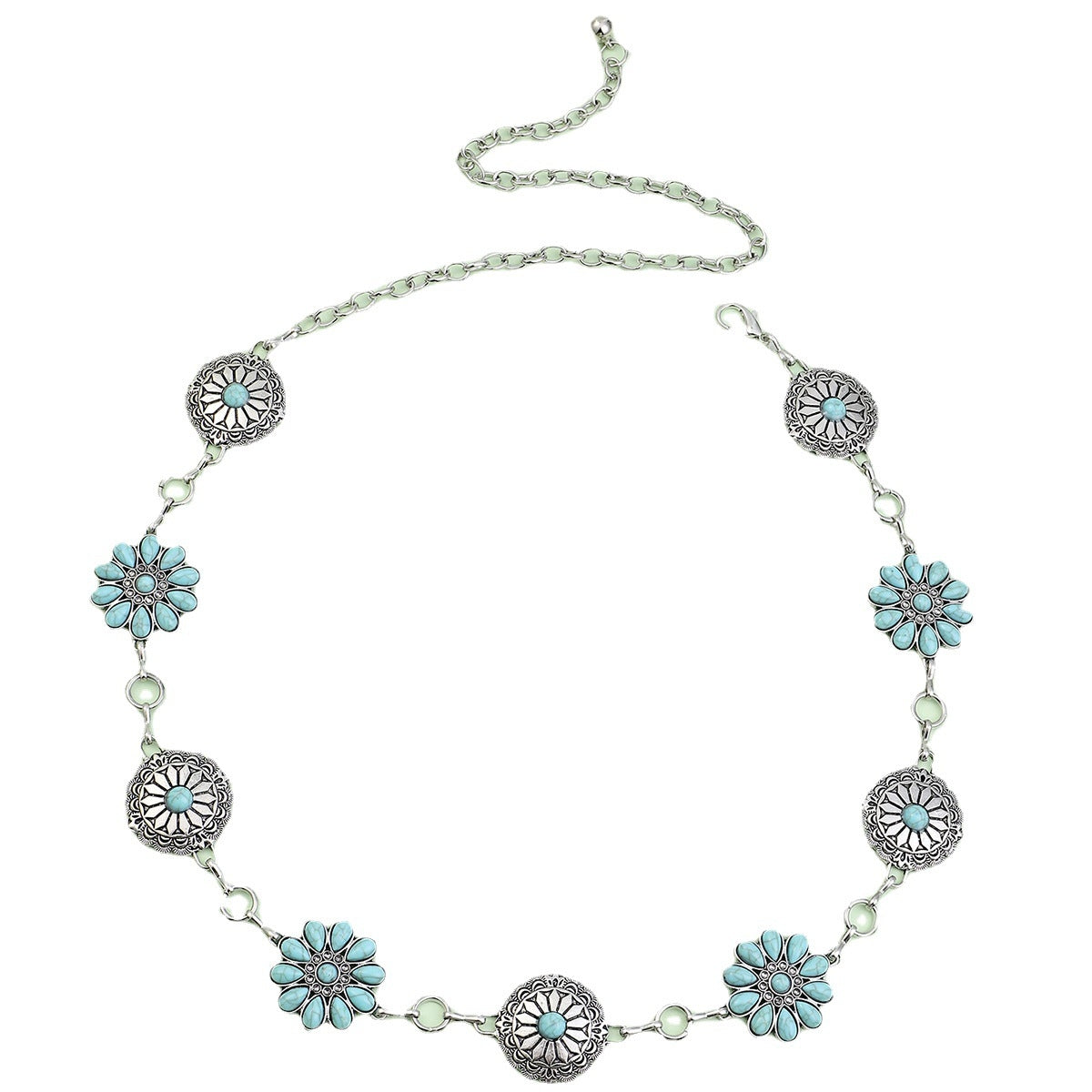 Bohemian Flower Zinc Alloy Turquoise Inlay Ethnic Waist Chain for Women