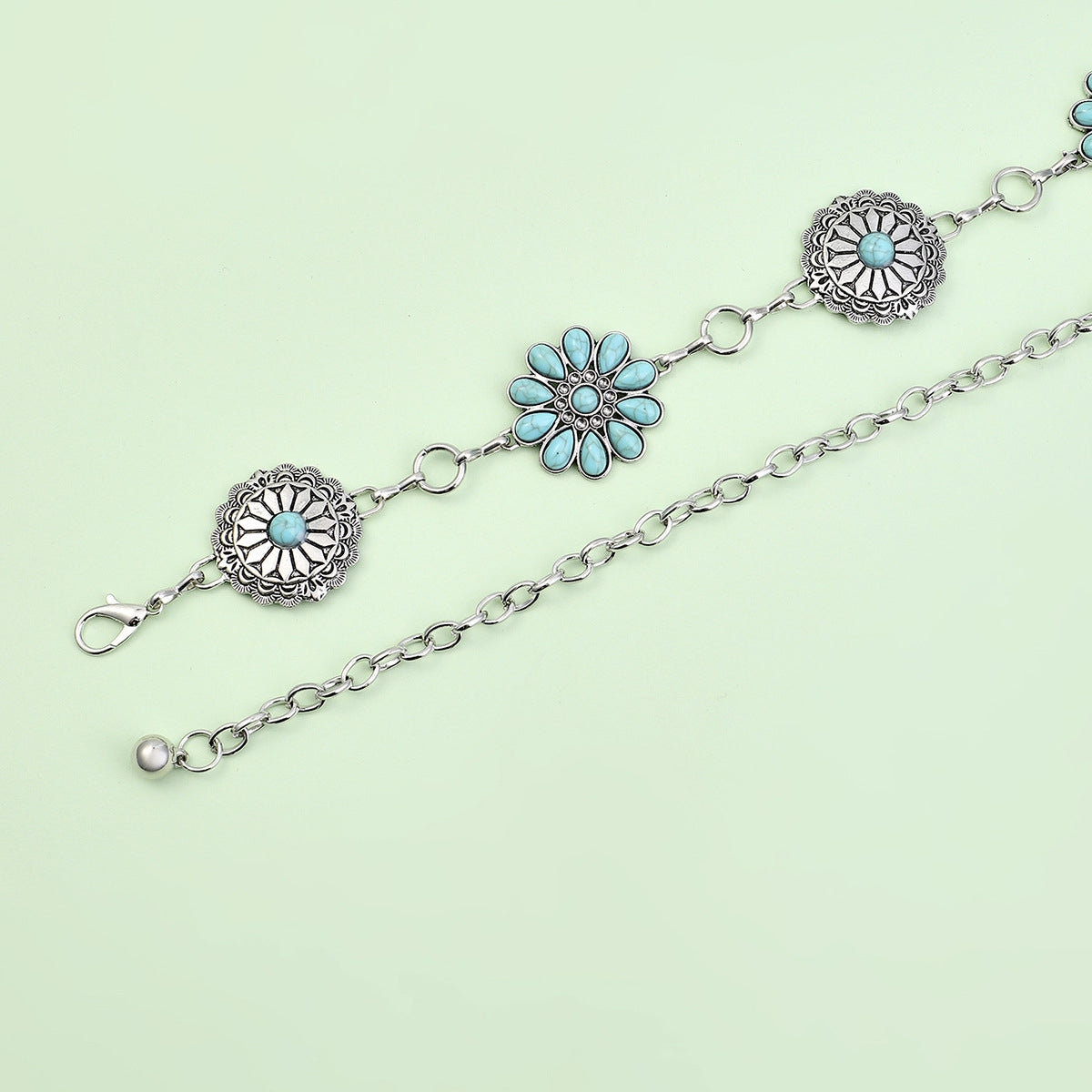 Bohemian Flower Zinc Alloy Turquoise Inlay Ethnic Waist Chain for Women