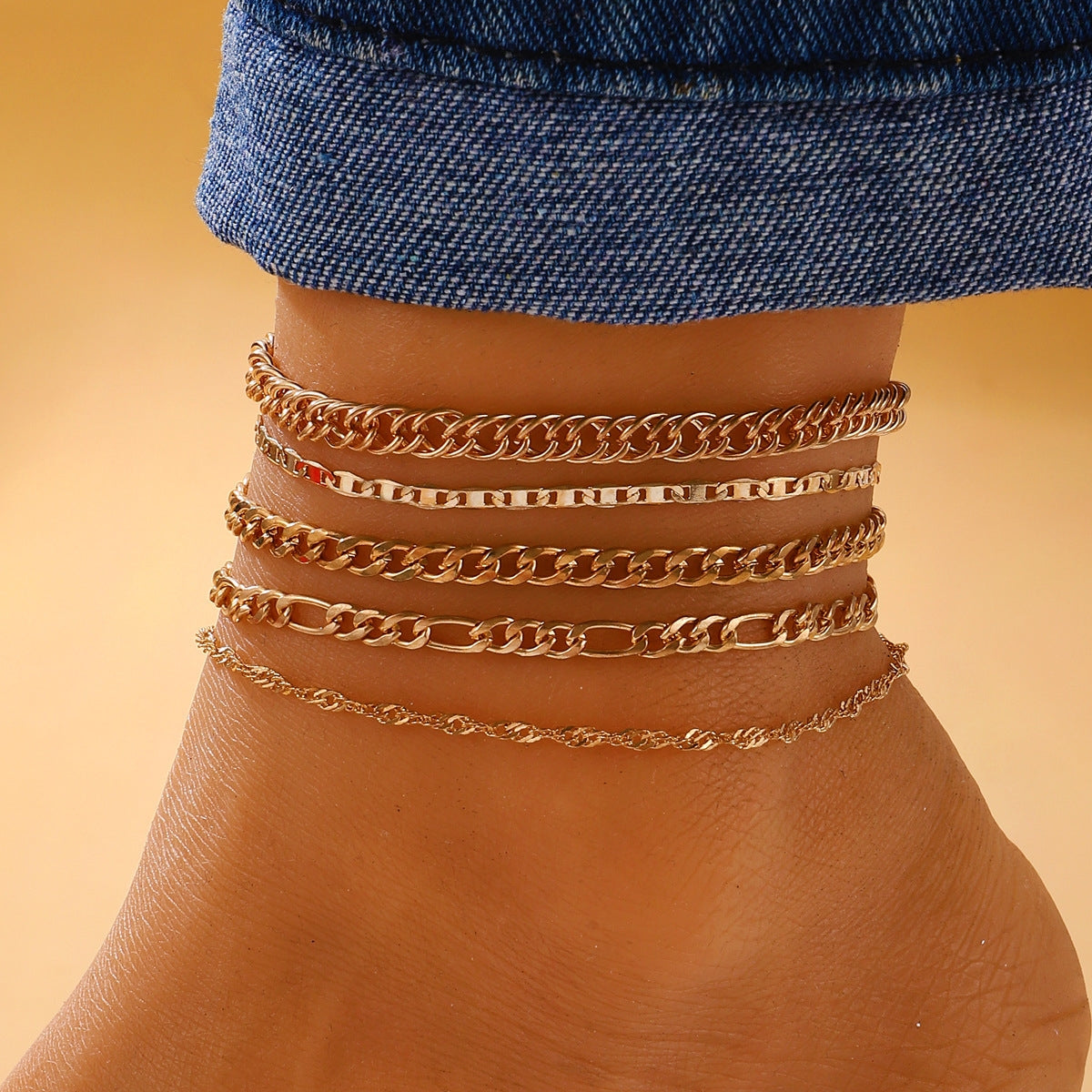 Ethnic Geometric Alloy Anklet Set - Vintage Chain Design (5 Pieces)