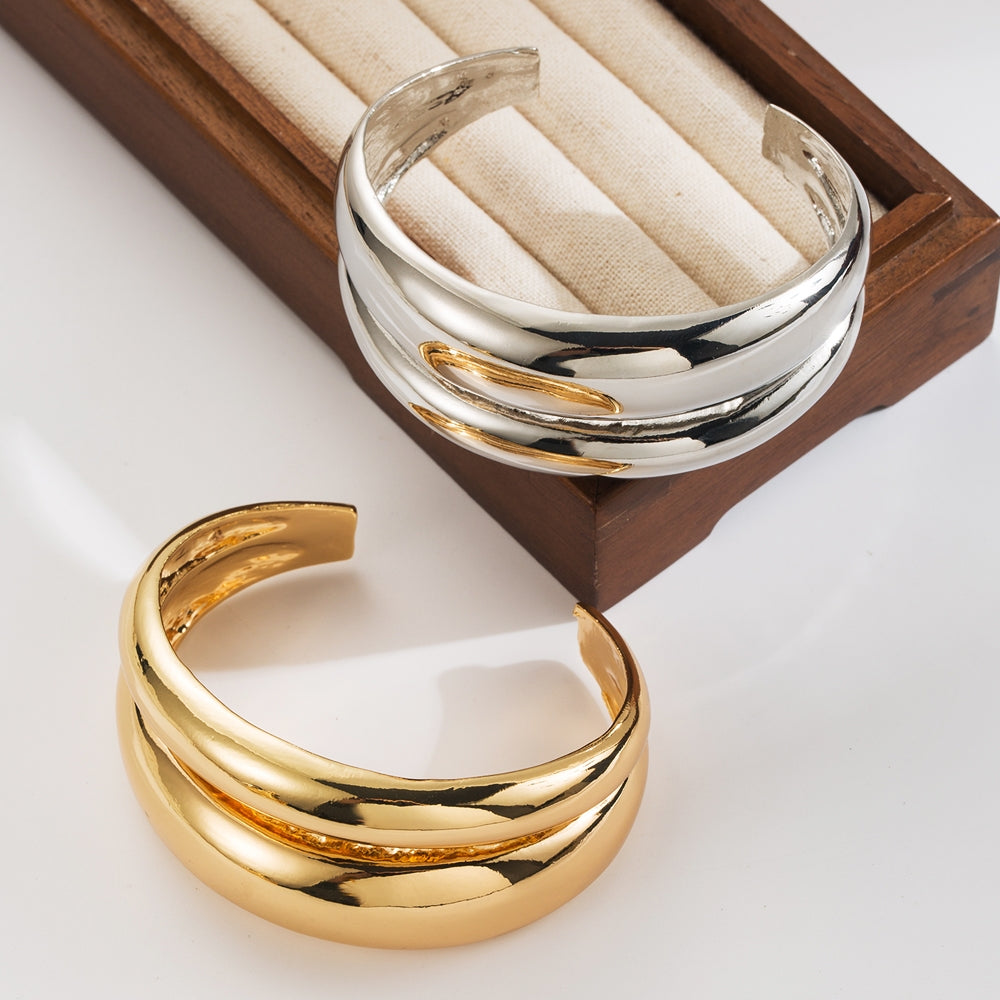 Exaggerated Gold and Silver Plated Alloy Open Bangle - European and American Fashion Design, Irregular Simple Luxury Bracelet