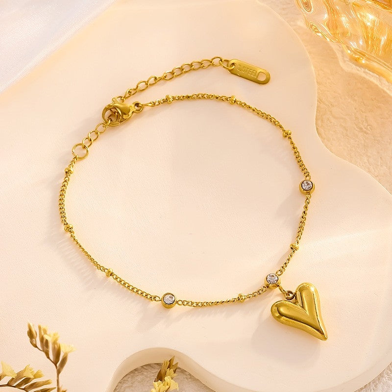 18K Gold Plated Heart Shape Rhinestone Anklet - Fairy Style Stainless Steel Design