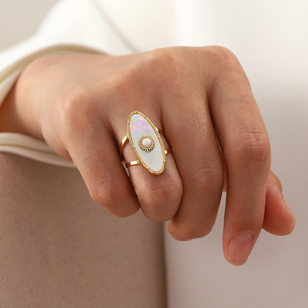 Oval Stainless Steel Pearl Open Ring with 18k Gold Plating