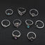 Geometric Ship Rudder Cross Leaf Gemstone 9-Piece Ring Set for Women