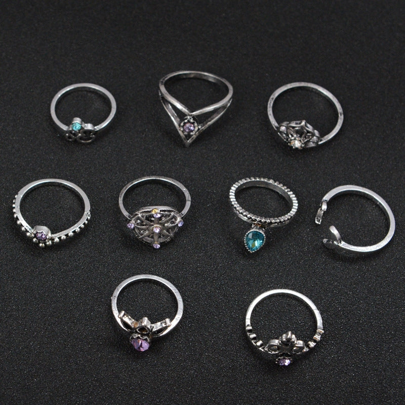 Geometric Ship Rudder Cross Leaf Gemstone 9-Piece Ring Set for Women