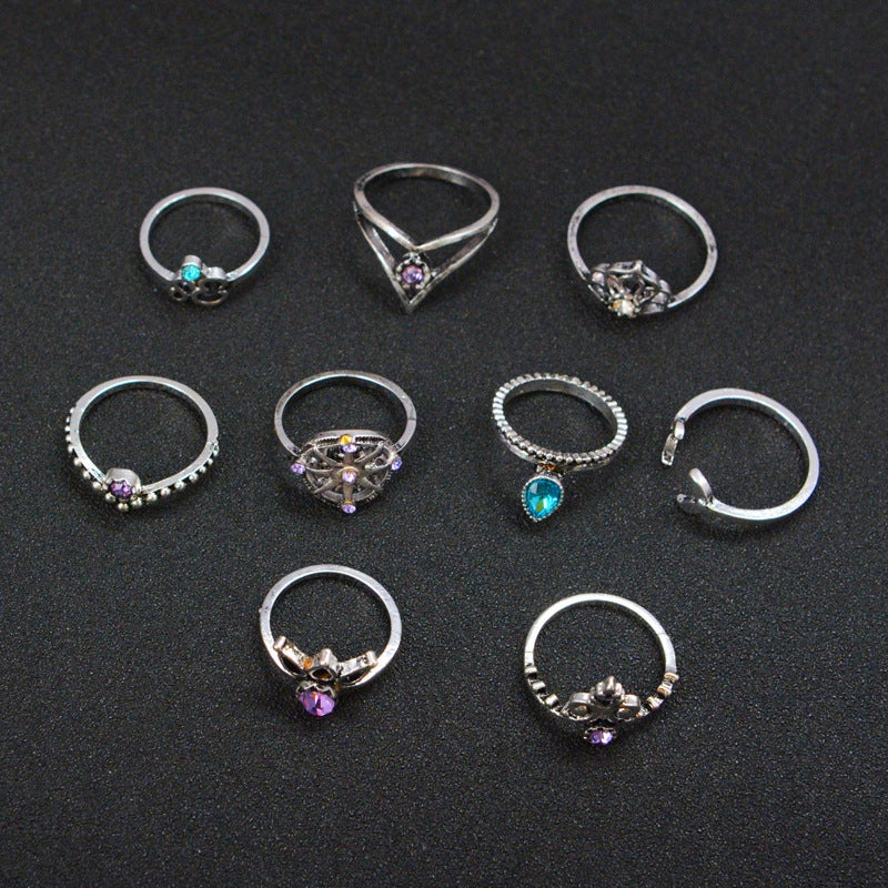 Geometric Ship Rudder Cross Leaf Gemstone 9-Piece Ring Set for Women