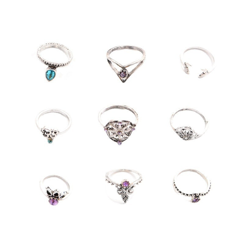 Geometric Ship Rudder Cross Leaf Gemstone 9-Piece Ring Set for Women