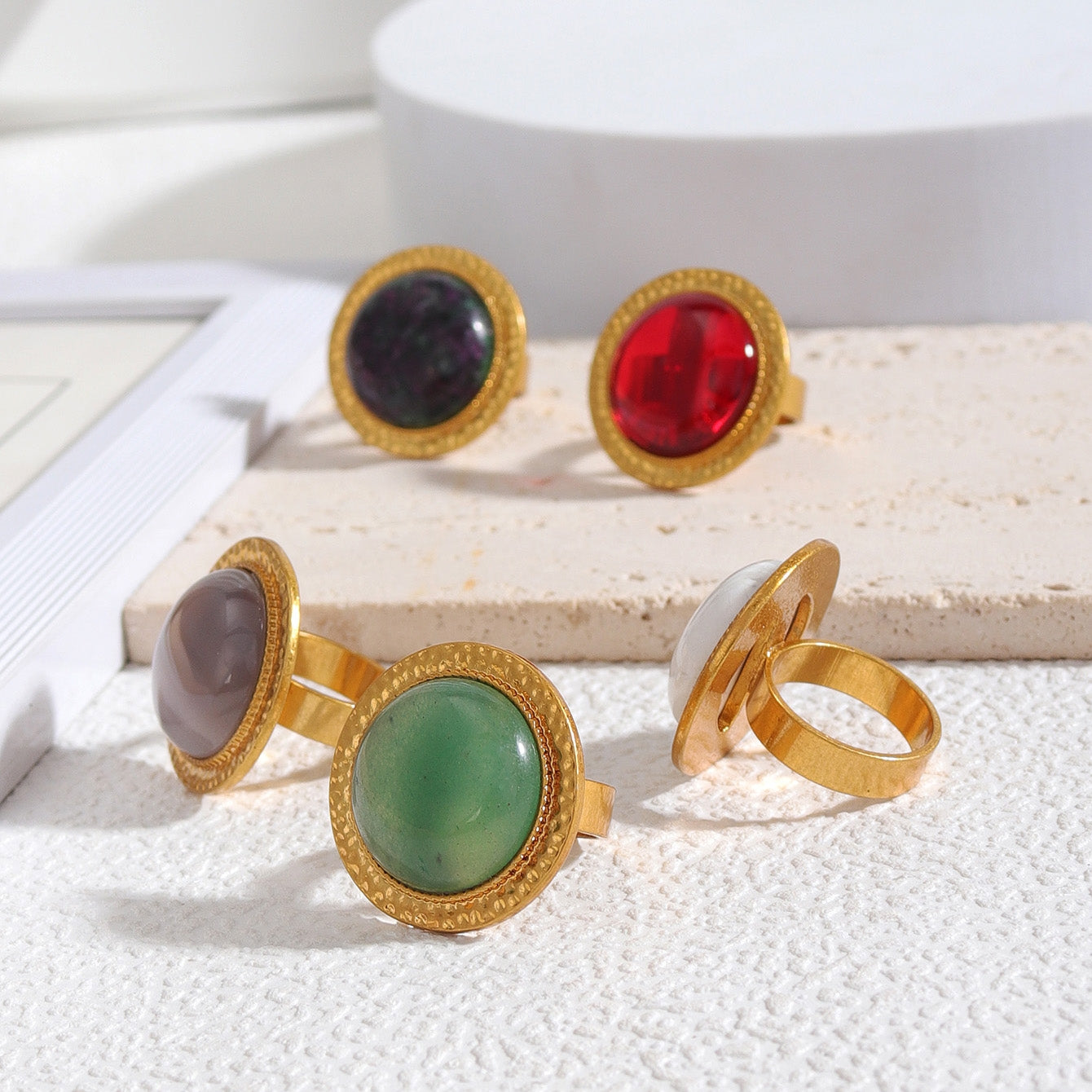 Glam Lady Round Natural Stone Statement Rings