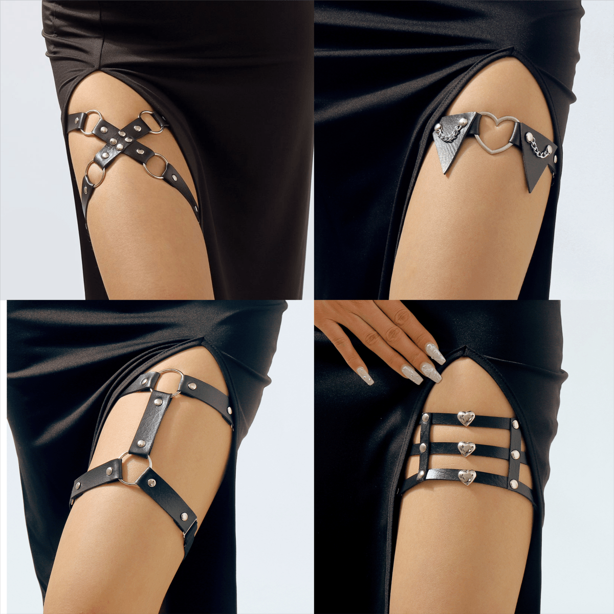 Gothic Heart Shape PU Leather Alloy Body Chain with Studded Thigh Harness