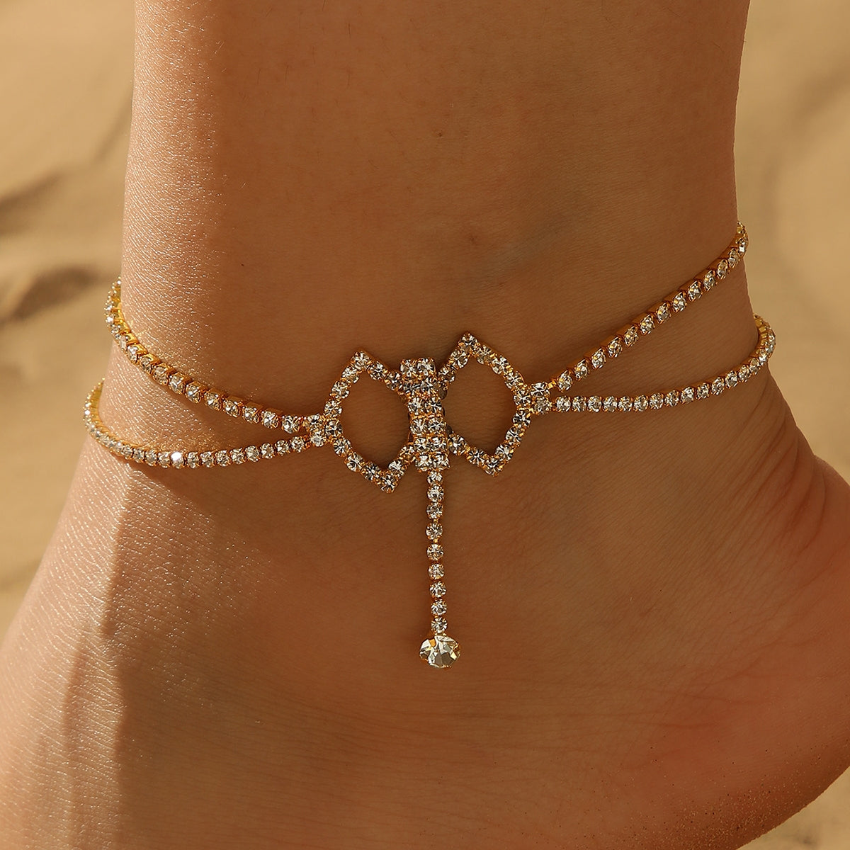 Hawaiian Vacation Bow Knot Rhinestone Double Layer Anklet for Women