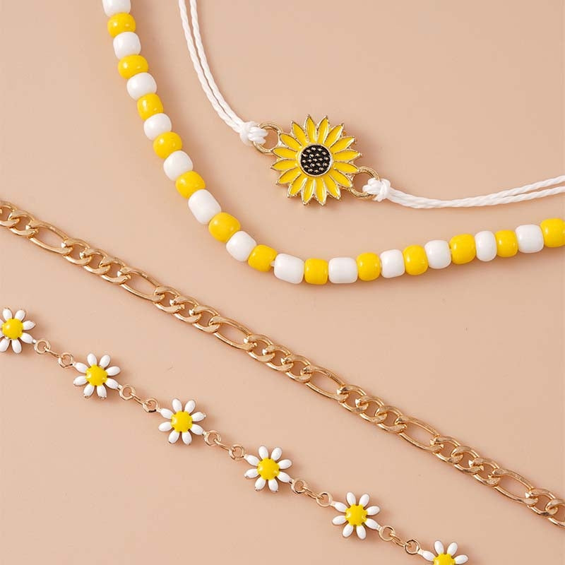 Hawaiian Vacation Daisy Flower Pendant Anklet and Bracelet Set - Enamel Beaded Design