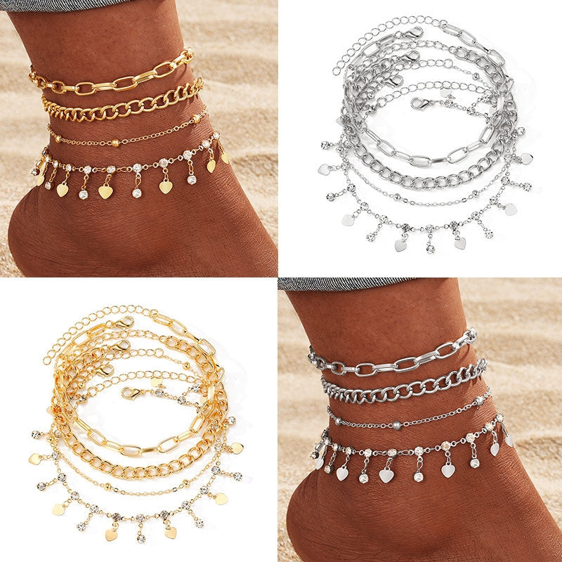 Hawaiian Heart Shape Alloy Anklet Set with Vintage Gold Beads and Rhinestones