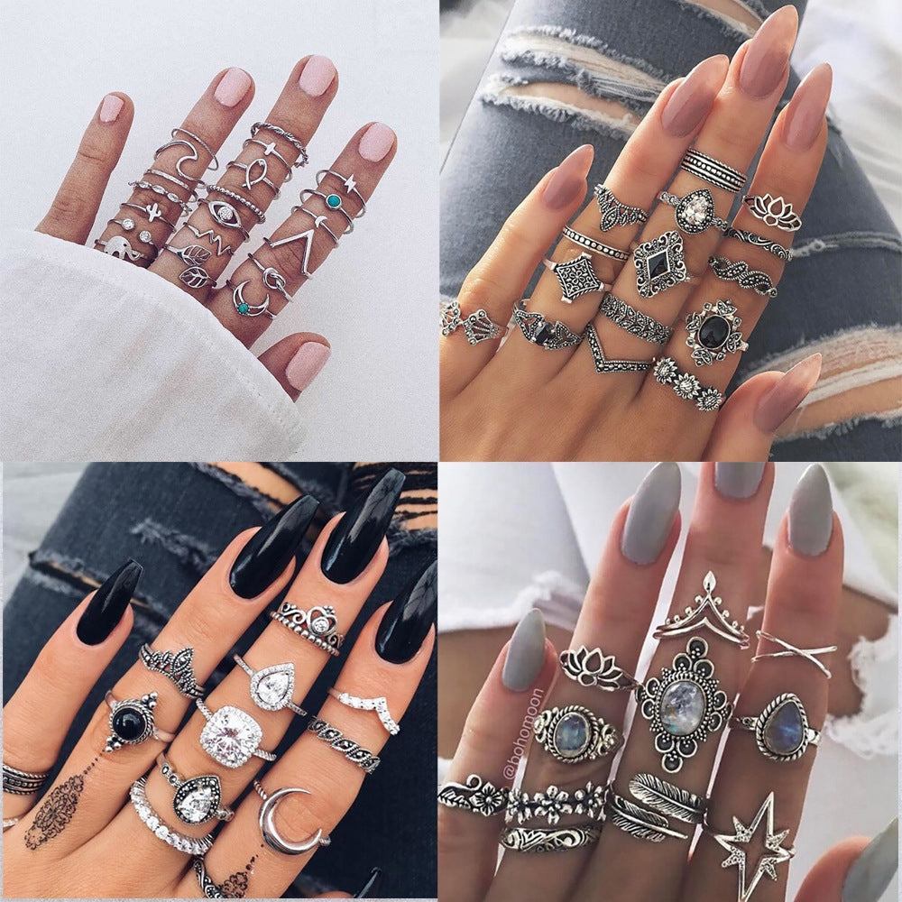 Bohemian Hip-Hop Geometric Water Droplet Moonstone Ring Set - 56 Pieces