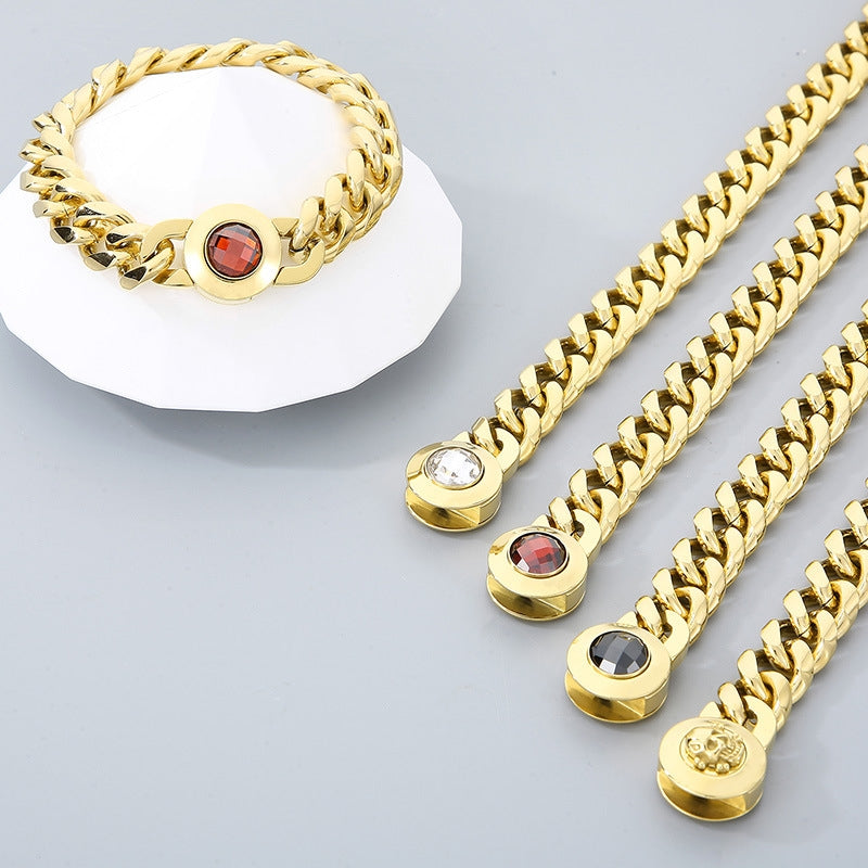 Hip-Hop Geometric Stainless Steel 18K Gold Plated Skull Necklace and Bracelet Set