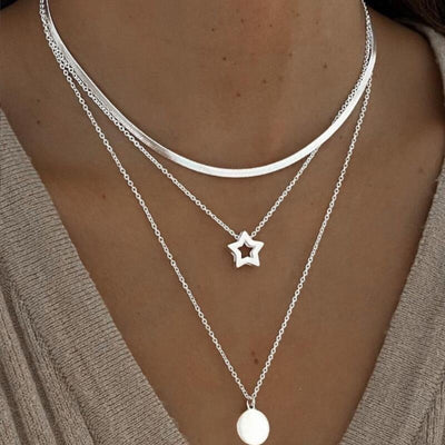 Elegant Multi-Layer Star and Round Pendant Necklace