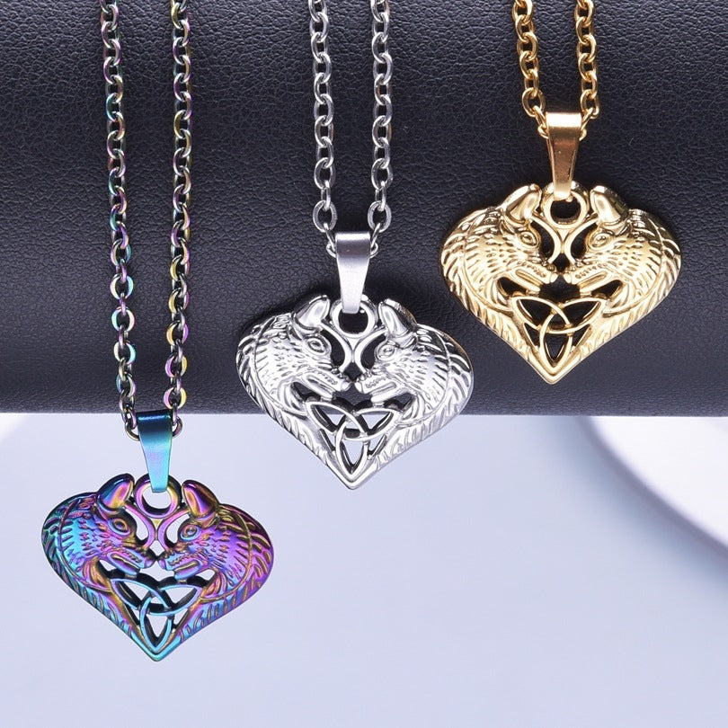 18K Gold Plated Stainless Steel Heart and Wolf Pendant Necklace