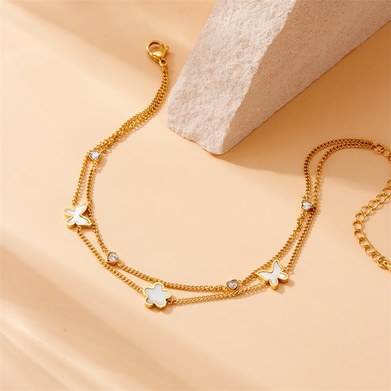 Korean Style Floral Butterfly 18K Gold Plated Stainless Steel Layered Anklet with Roman Charm