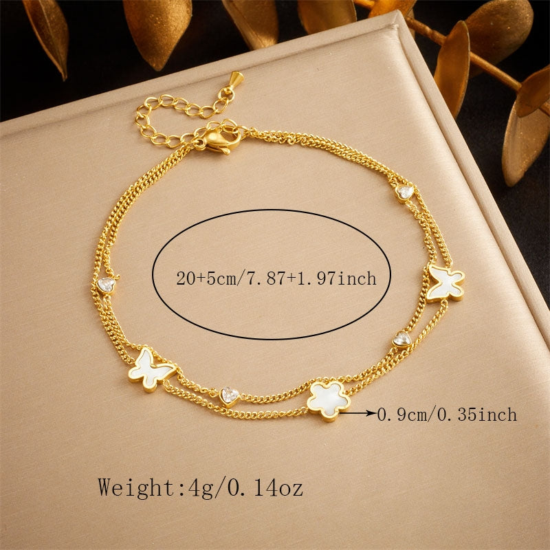 Korean Style Floral Butterfly 18K Gold Plated Stainless Steel Layered Anklet with Roman Charm