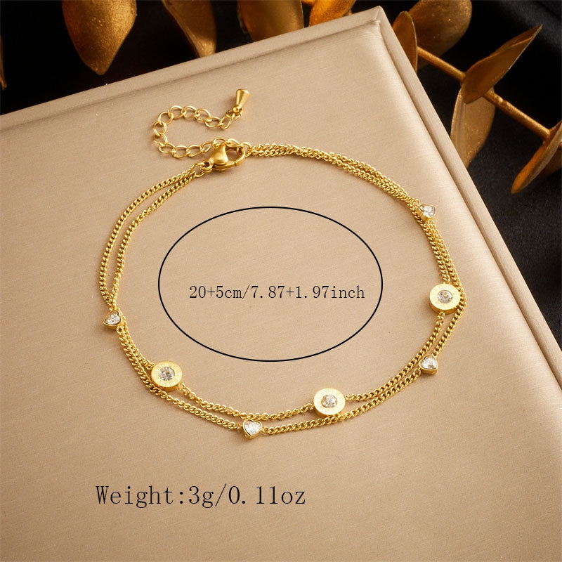 Korean Style Floral Butterfly 18K Gold Plated Stainless Steel Layered Anklet with Roman Charm