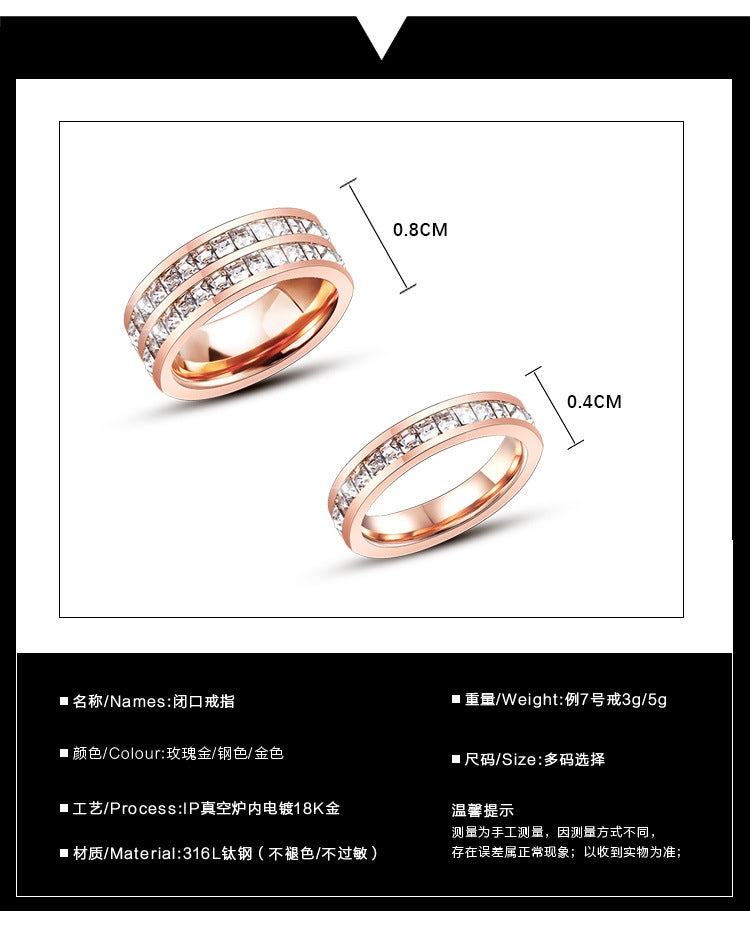 Stainless Steel Rhinestone Rose Gold Plated Square Zircon Couple Rings