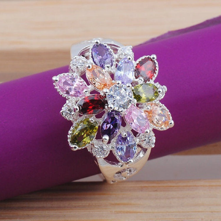 Wholesale Modern Flower Gemstone Silver Plated Party Rings