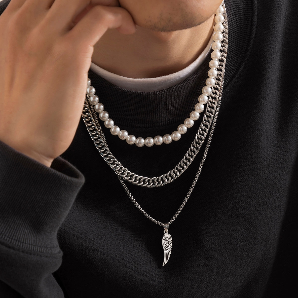 Men's Punk Pearl Wing Pendant Layered Necklace - Vintage Alloy Beaded Chain