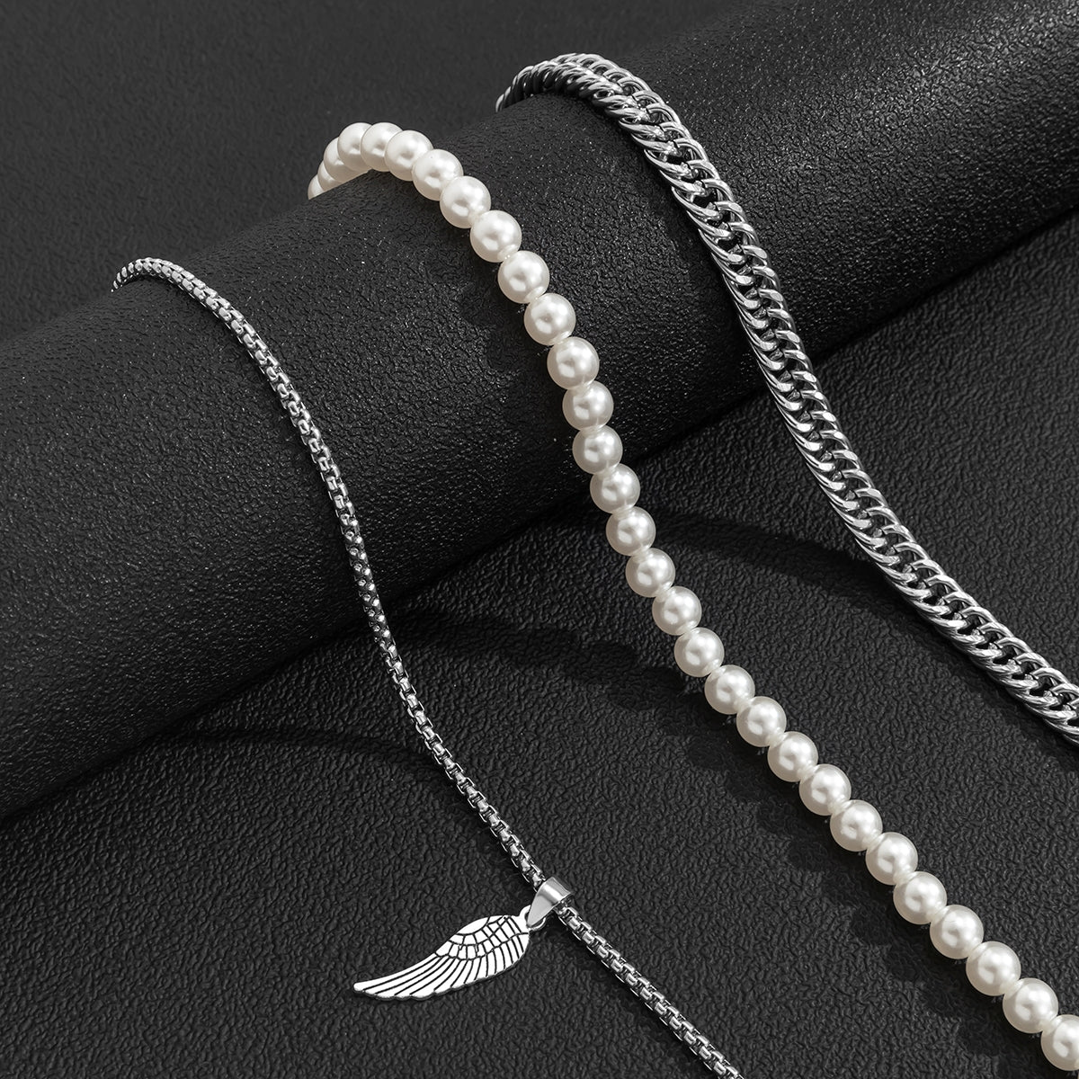 Men's Punk Pearl Wing Pendant Layered Necklace - Vintage Alloy Beaded Chain