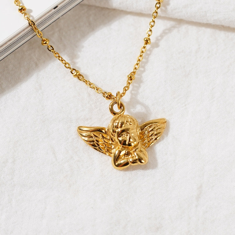 Retro Angel Wing 18K Gold Plated Titanium Steel Pendant Necklace for Women