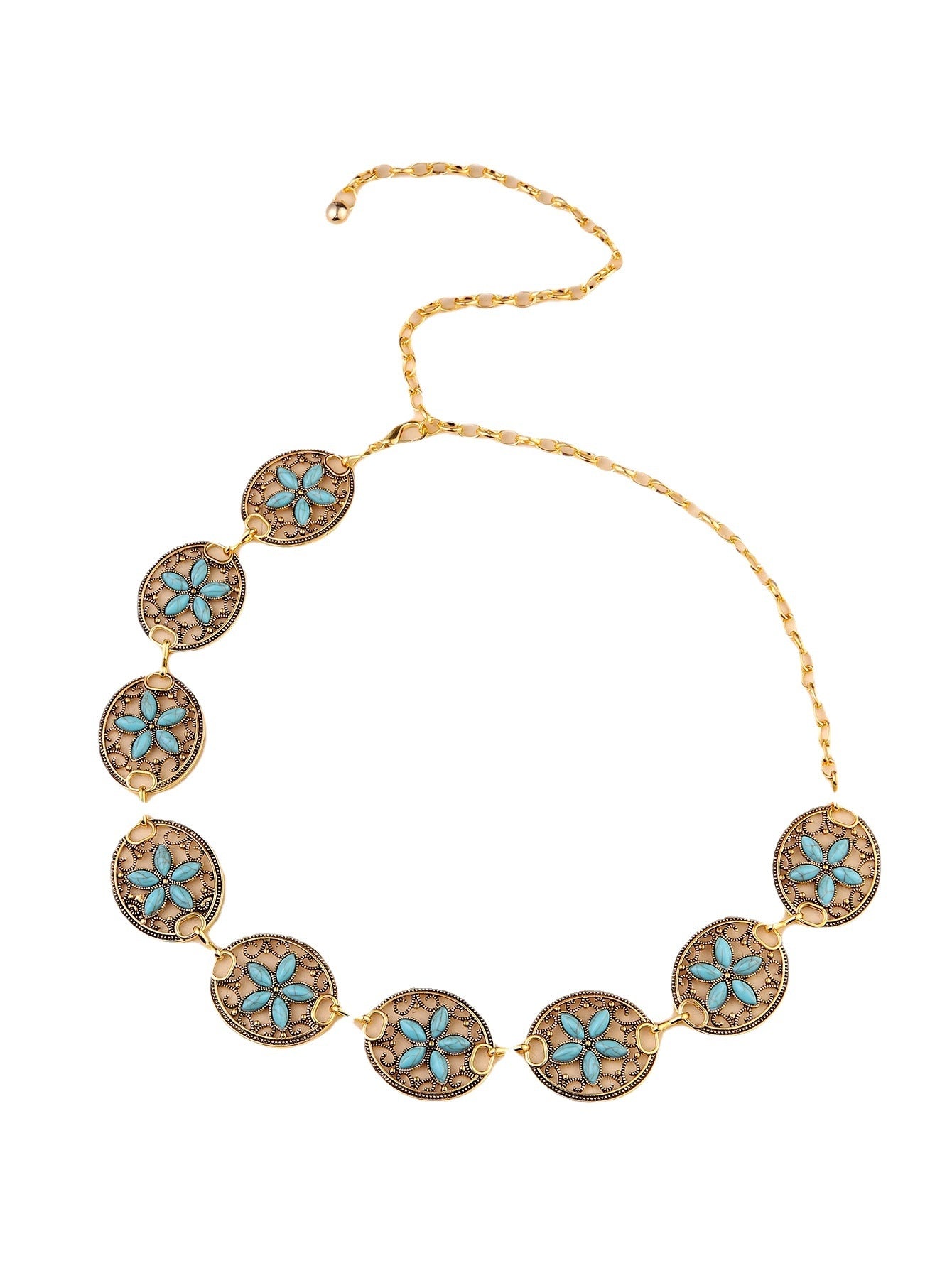 Retro Ethnic Geometric Turquoise Metal Waist Chain Belt