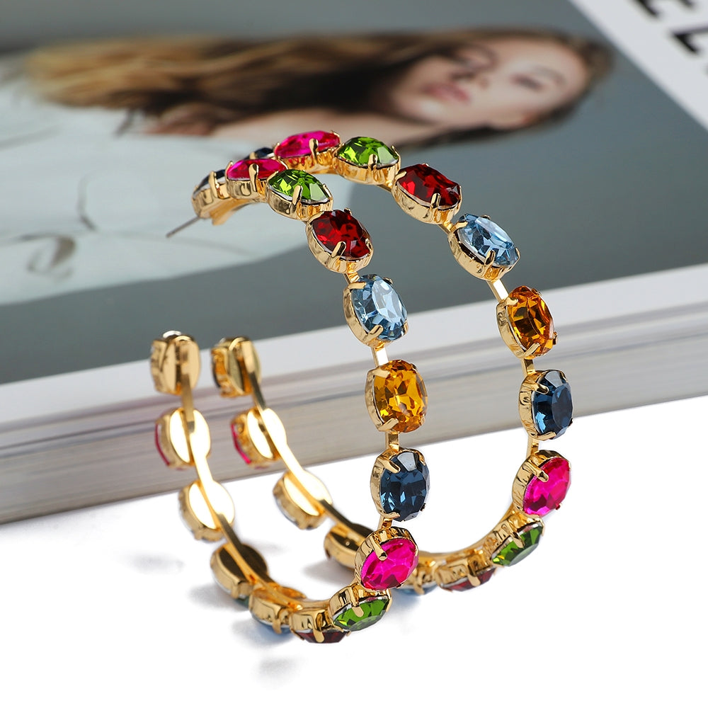 Retro Semicircle Zinc Alloy Hollow Out Studs & Colorful Glass Rhinestone Hoop Earrings