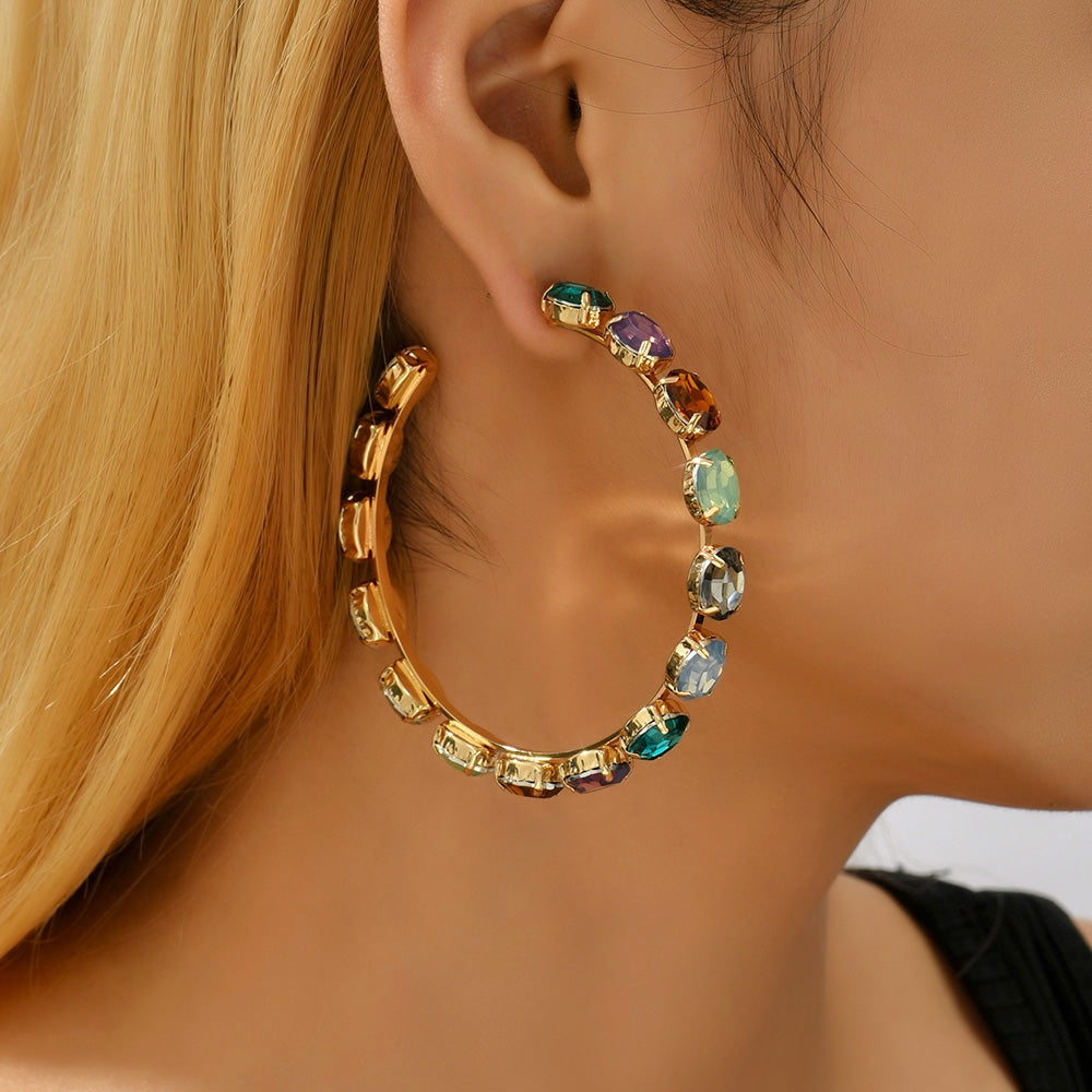 Retro Semicircle Zinc Alloy Hollow Out Studs & Colorful Glass Rhinestone Hoop Earrings