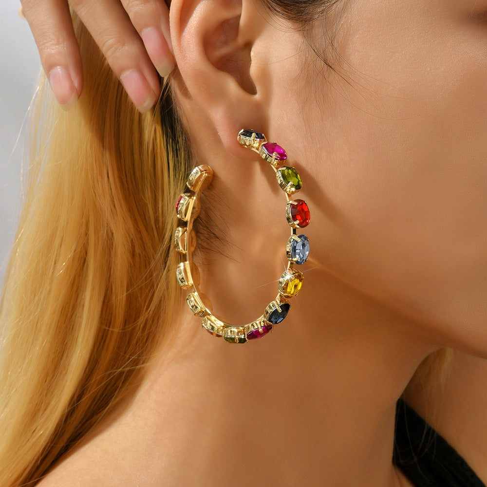 Retro Semicircle Zinc Alloy Hollow Out Studs & Colorful Glass Rhinestone Hoop Earrings