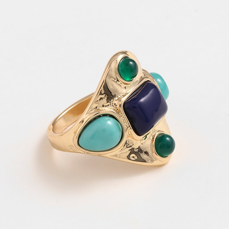 Vintage Geometric Alloy Semi-precious Stone Inlay Rings with Turquoise and Tiger Eye Design