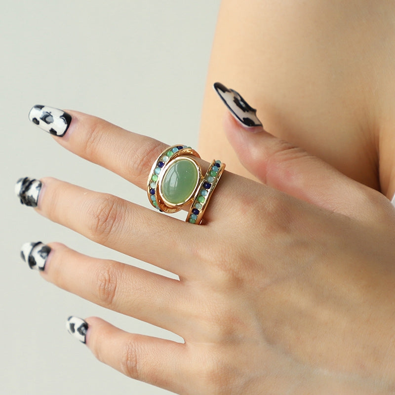 Vintage Geometric Alloy Semi-precious Stone Inlay Rings with Turquoise and Tiger Eye Design