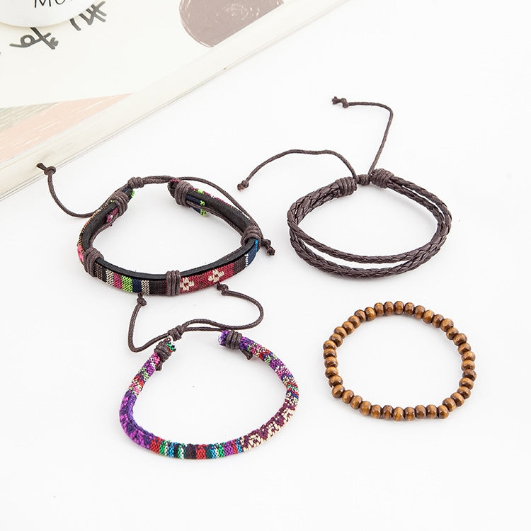 Retro Geometric Leather and Wooden Beads Multi-Layer Bracelet Set