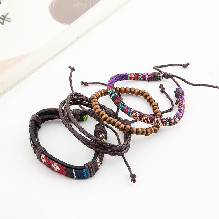 Retro Geometric Leather and Wooden Beads Multi-Layer Bracelet Set