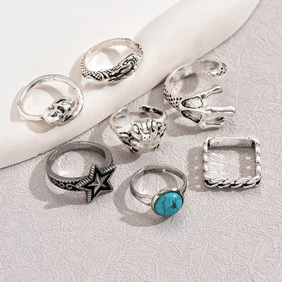 Retro Geometric Turquoise Frog Star Ring Set - 7 Pieces Zinc Alloy Rings