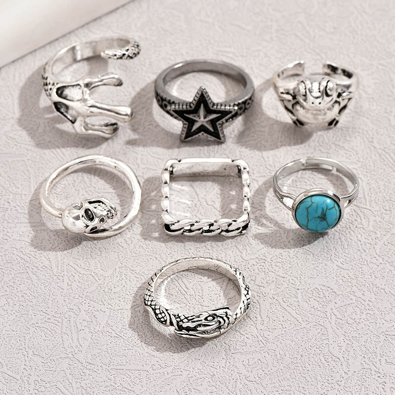 Retro Geometric Turquoise Frog Star Ring Set - 7 Pieces Zinc Alloy Rings