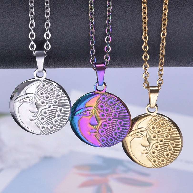 Retro Geometric Moon Stainless Steel Pendant Necklace