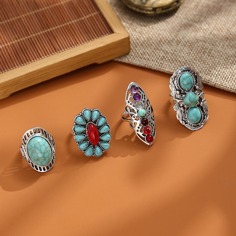 Vintage Turquoise Gemstone Carved Ring Set - 4 Piece Fashion Jewelry