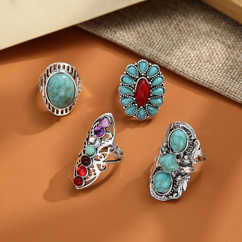 Vintage Turquoise Gemstone Carved Ring Set - 4 Piece Fashion Jewelry