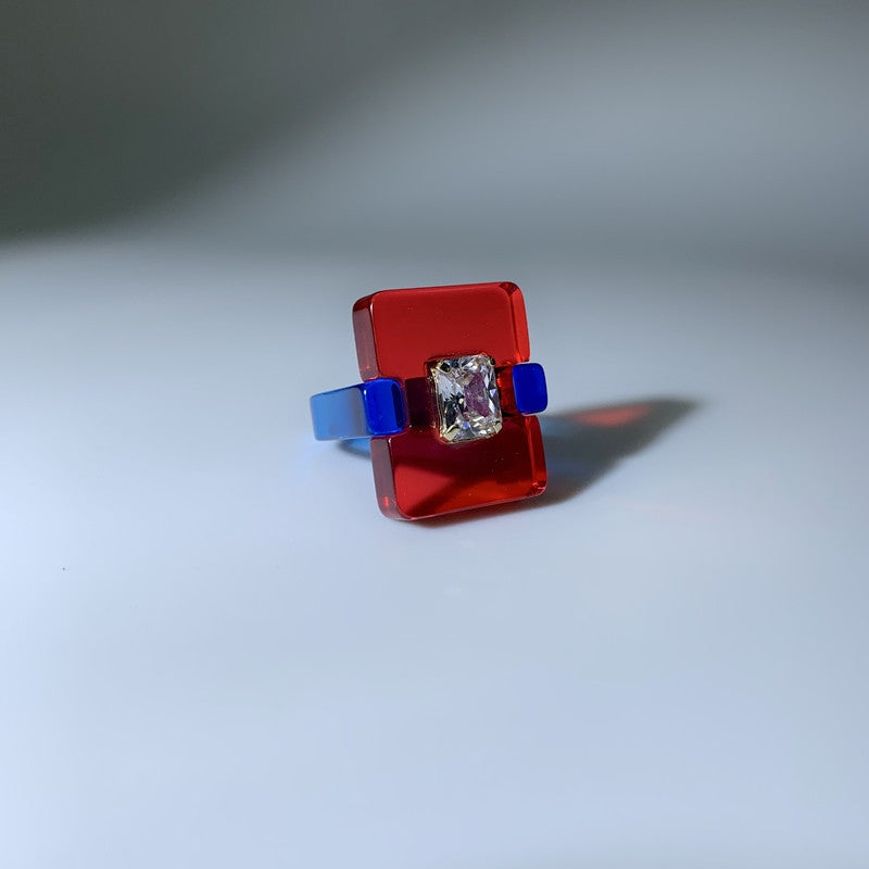 Retro Square Acrylic Resin Zircon Inlay Blue Gemstone Ring