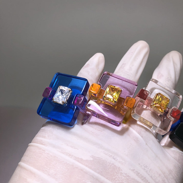 Retro Square Acrylic Resin Zircon Inlay Blue Gemstone Ring