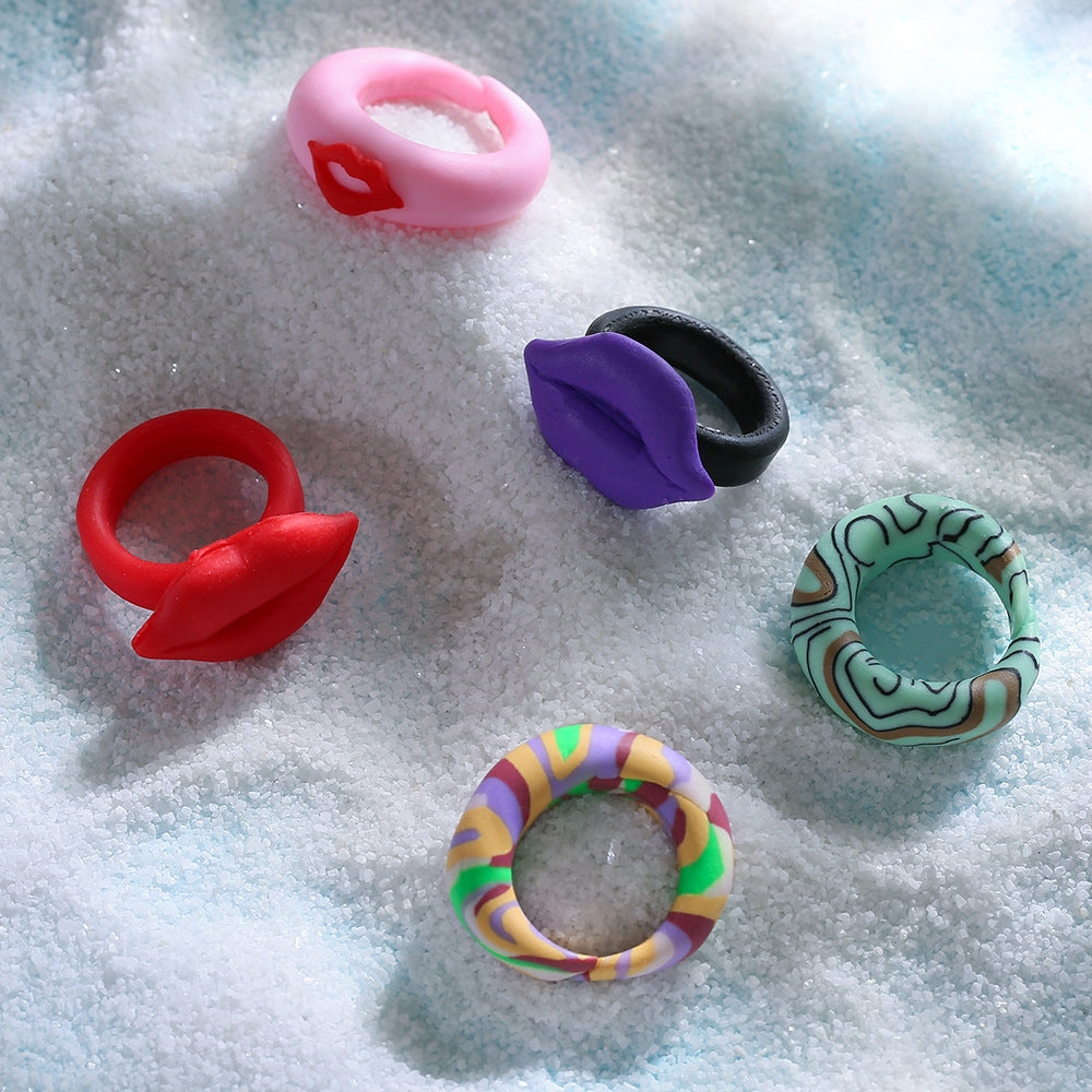 Colorful Retro Clay Statement Rings - Multicolor Round Lip Design