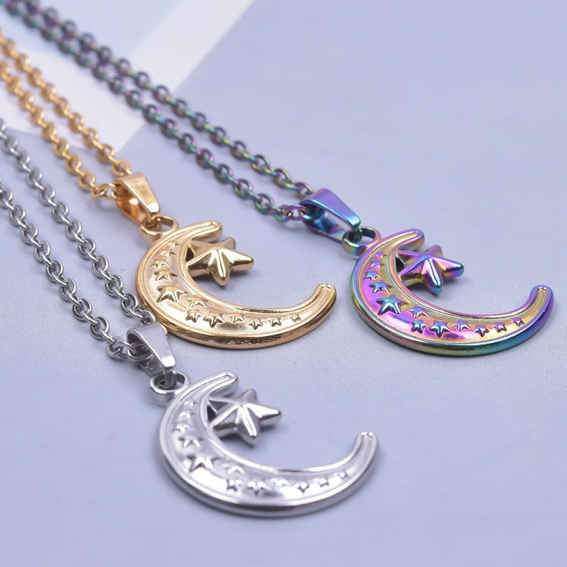 Simple Moon and Star 18K Gold Plated Stainless Steel Pendant Necklace