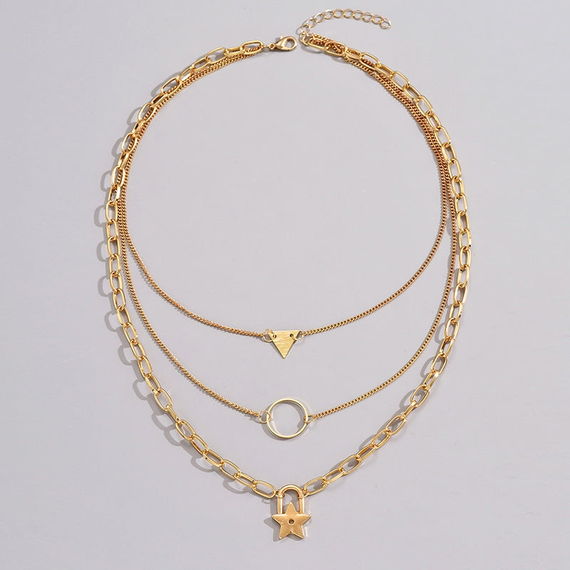 Layered Geometric Star and Circle Pendant Necklace in Gold Plated Zinc Alloy